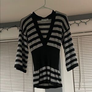 Black and Gray Striped V-Neck Top